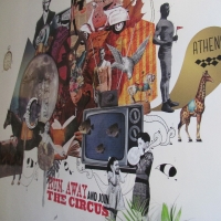 funky mural in hostel lobby