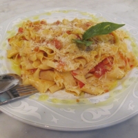 My vegetarian version of pappardelle with tomato sauce - everyone else had bolognese with beef