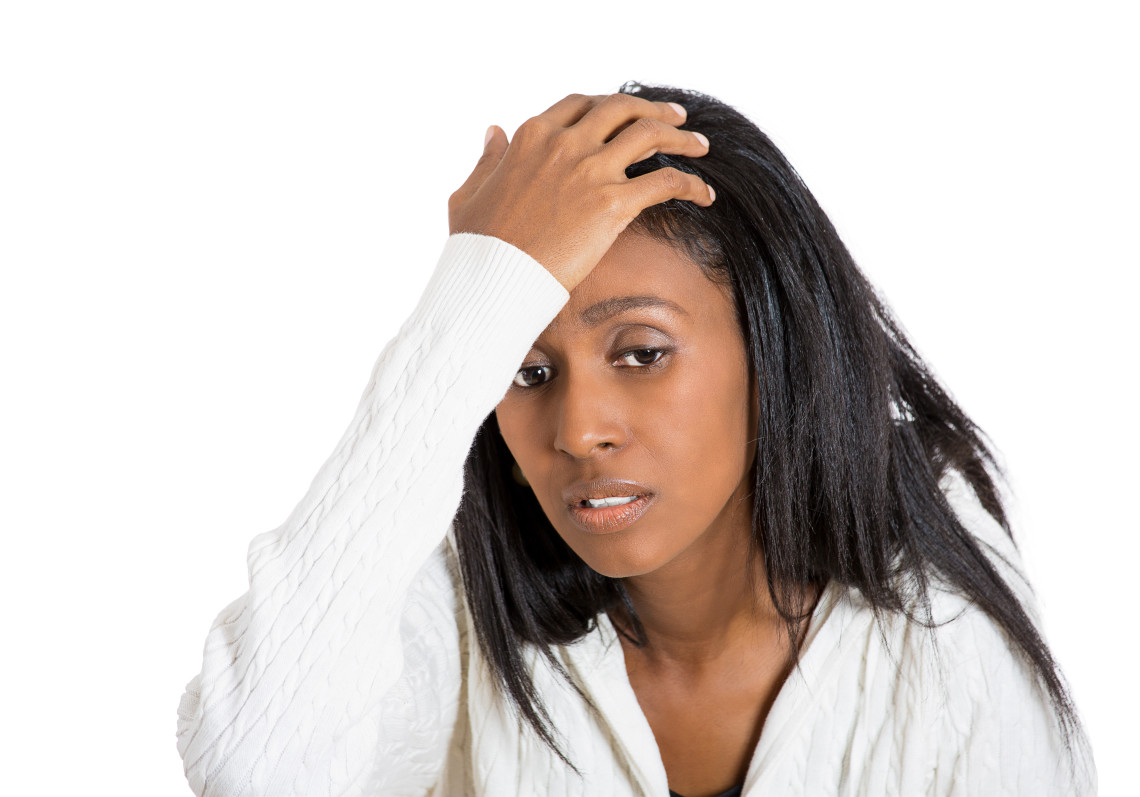 Closeup portrait stressed middle aged woman with headache holding head