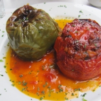 Stuffed tomato & pepper - inside is a tasty rice mixture